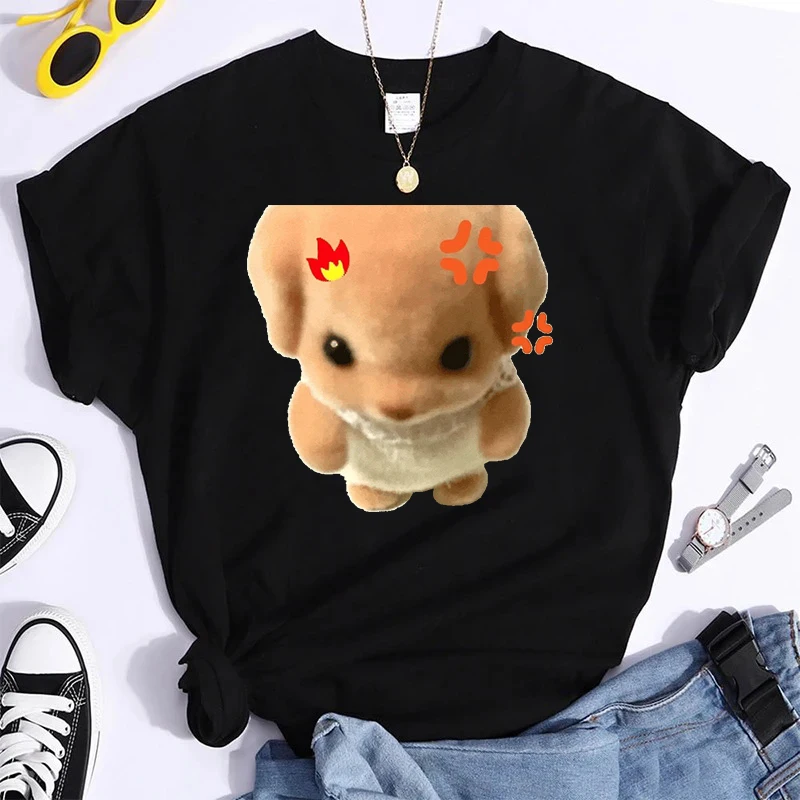 

100% Pure Cotton T-Shirt Cream Bear Print Solid Crew Neck Short Sleeve Casual Every Day Top For All Season, Women's Clothing