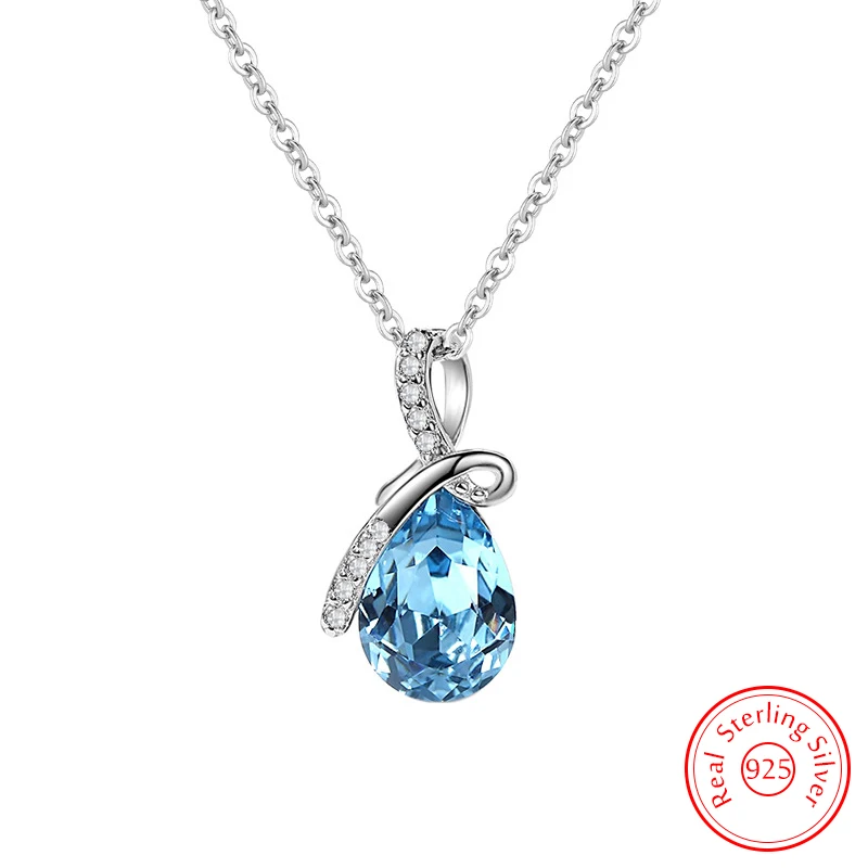 

New Quality Jewelry 925 Sterling Silver Blue Water Droplets Crystal Zircon Pendant Necklace For Women Fashion FQL23269