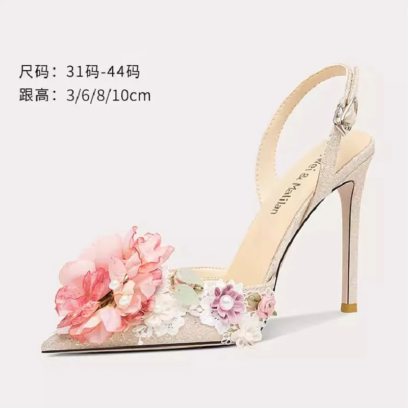 

Summer pointy shallow mouth sequins pearl flower sandals slim high heels party dress versatile large small women's single shoes