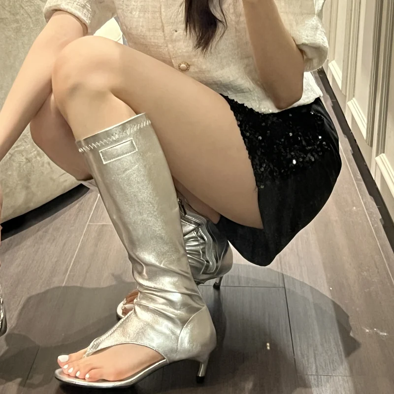 Eilyken Clip Toe Low Heels Knee High Boot Sandals Woman Fashion Zipper Banquet Summer Shoes Designer Flip Flops Botas Mujer