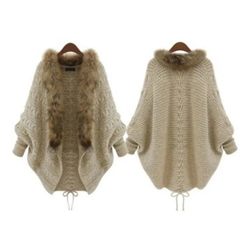 

Casual Loose Women Wool Collar Cardigan Stylish Woolen Knit Thick Cape Trendy Knitted Batwing Sweater Solid Color Belted Jacket