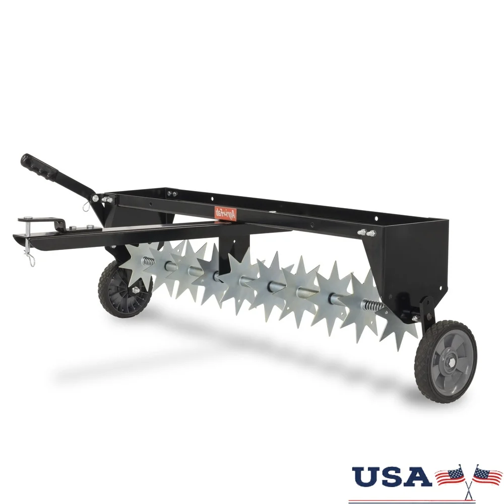 

40 Inch Spike Aerator Tow Behind Lawn Groomer with 10 Galvanized Disks Weight Tray Lawn Care and Soil Aeration