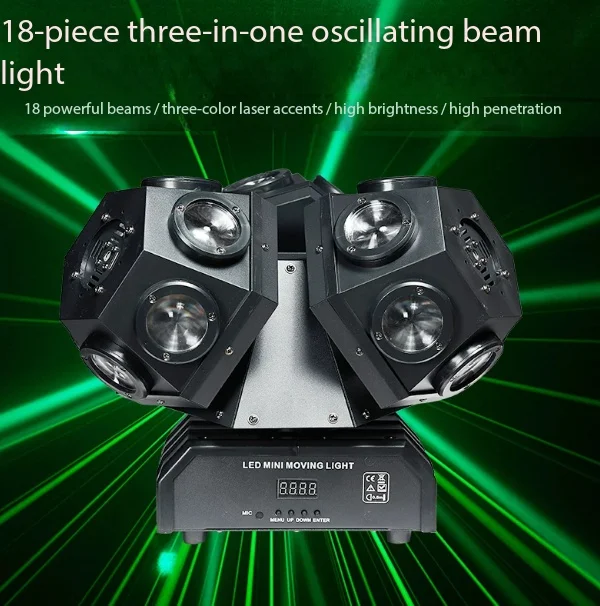 DMX512 Control Sound Activated Strobe Effect Stage Lighting 3 Head Beam Moving Head Light 18 LED Beads Rotating Stage Light Auto