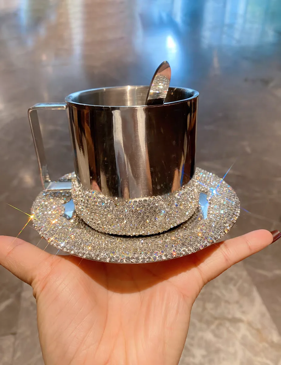 High profile Level Coffee Cup and saucer set Artificial diamond-encrusted stainless steel insulated latte iced Americano cup