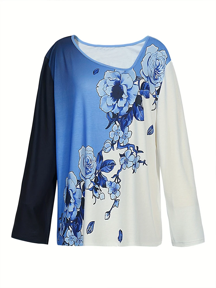 Plus Size Women Color Block Blue Rose Floral 3/4 Sleeve Tops Irregular Neck Loose Casual Vintage Bohemian Daily Ladies Blouses view 3