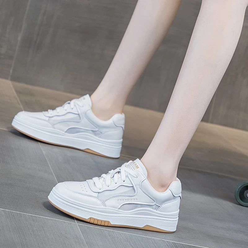 Leather Mesh Yarn Small White Shoes Women's Shoes 2023 New Soft Sole Sports Casual Shoes Vulcanized Shoes All Match Breathable