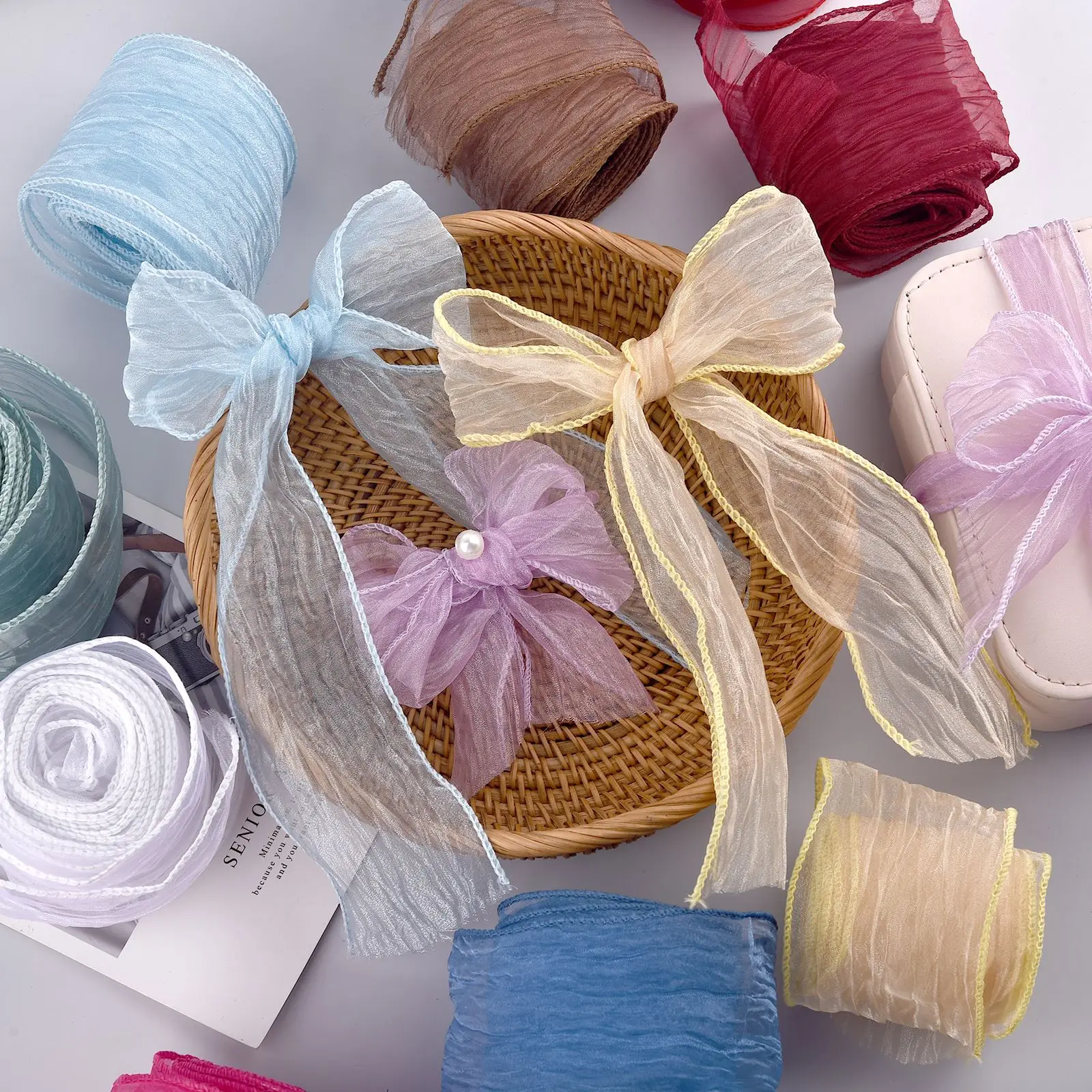 5Yards/Roll Crinkled Silk Ribbon Wrinkle Chiffon Handmade Wedding Party Flower Bouquet Gift Packing Bow Decorations DIY Craft