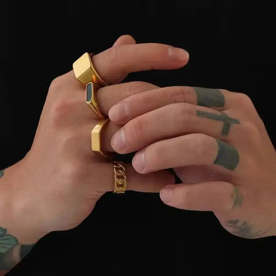 SHIXIN Punk Rock Smooth Gold Color Square Stainless Steel Finger Ring for Men HipHop Black Oil Chunky Rings Party Street Jewelry
