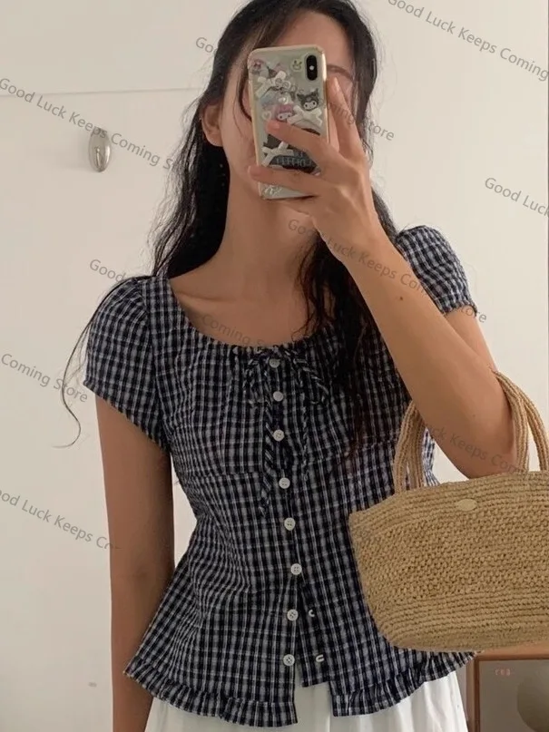 

2025 Korean Sle Sweet Plaid ort Sve irt Women's 2025 Summer New Design Slimming Versatile Ele Top Quali Ladies' irt