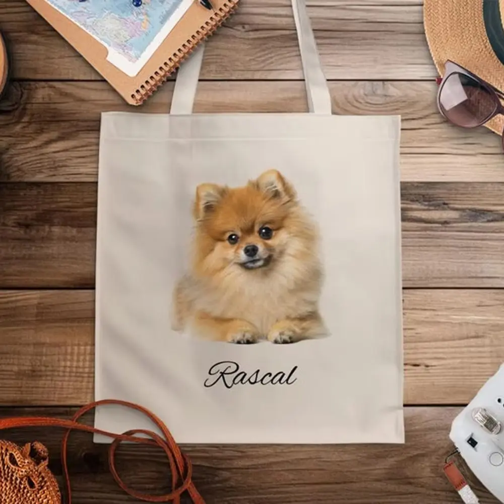 Canvas Tote Bag Custom Personalized Cotton Grocery Bag Pomeranian Dog Portrait Print Reusable Handbag Pet Lover Gift