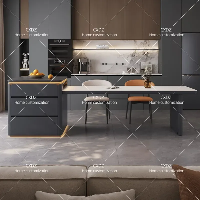 Minimalist Gray Island Dining Table with Integrated Retractable Rock Slab Top Multi Functional Center Island for Small