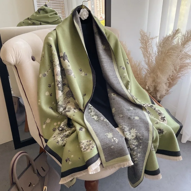 Women Retro Horse Floral Print Double Sided Large Shawl Winter Fringed Neck Wrap For Office And Daily Use