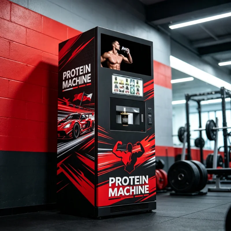 Fully Automatic Hot Cold Protein Powder Vending Machine Built In Water Chiller Self Cleaning System Smart Gym Vending Equipment