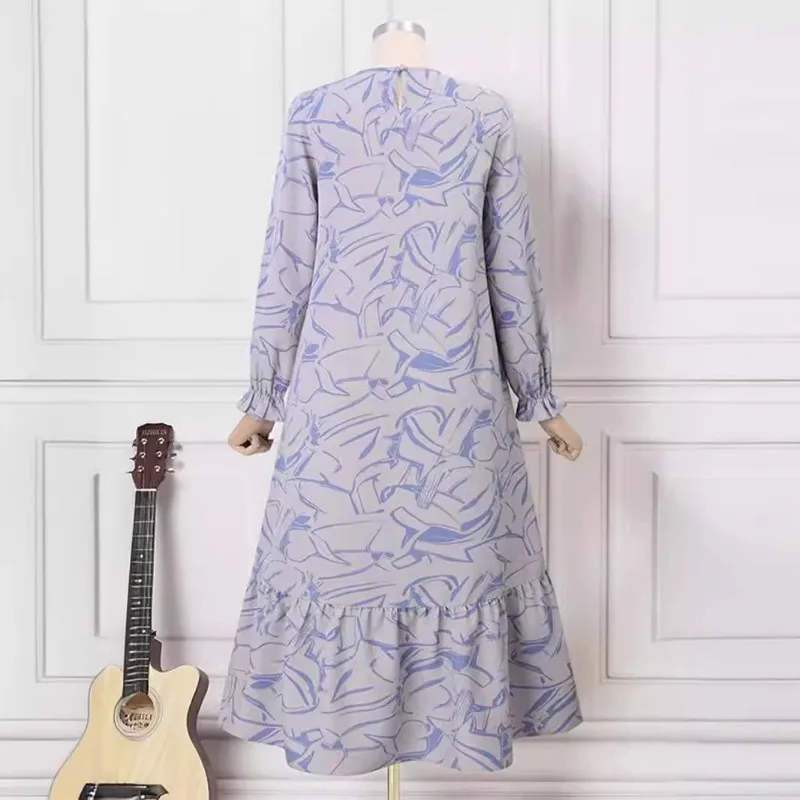 Muslim Women Abaya Middle East Fashion Long Sleeve Geometric Print Floral Dress