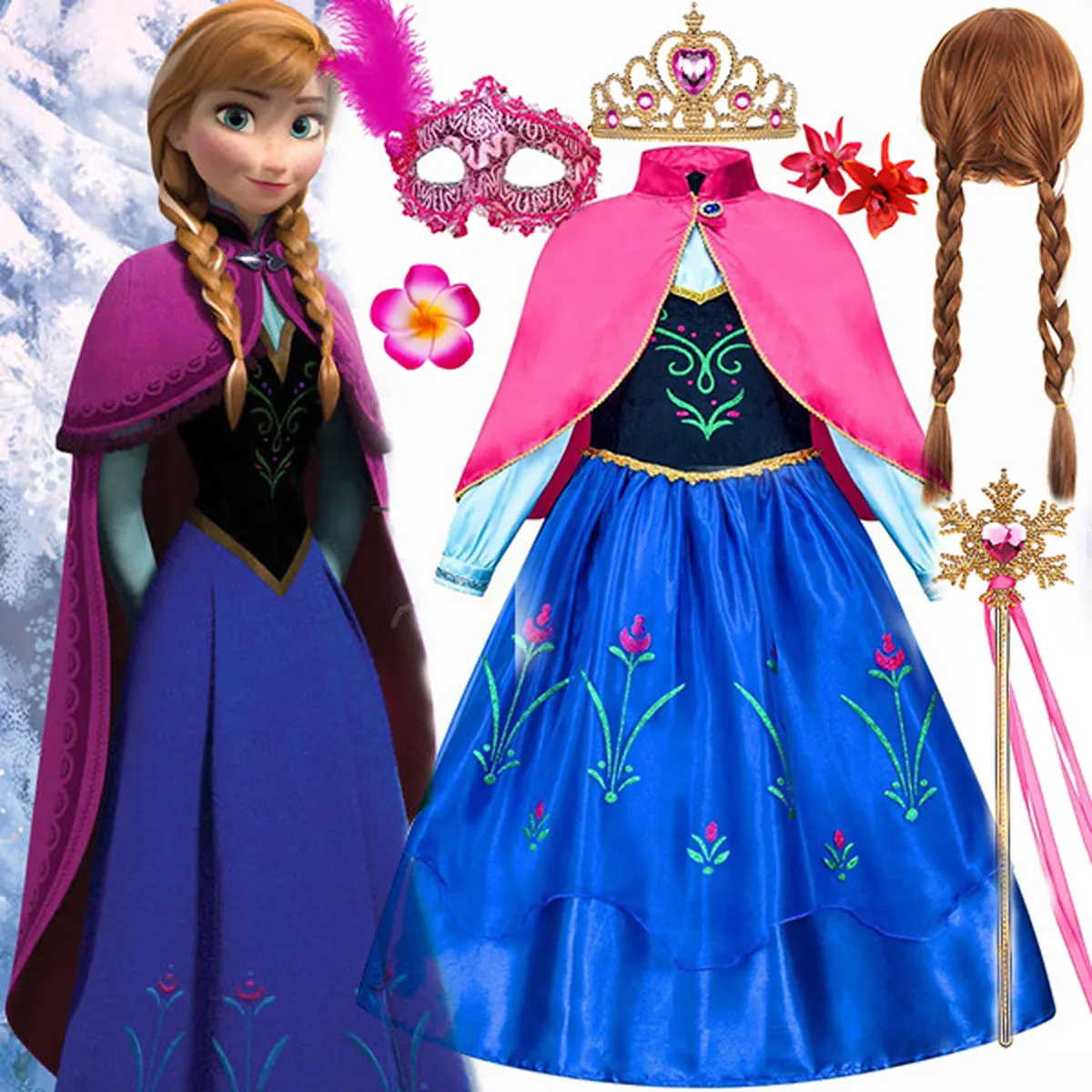 Disney Dress For Girl Frozen Anna Halloween Carnival Anna Rose Red Dress Bring a Shawl Gown Princess Dress Children Clothing