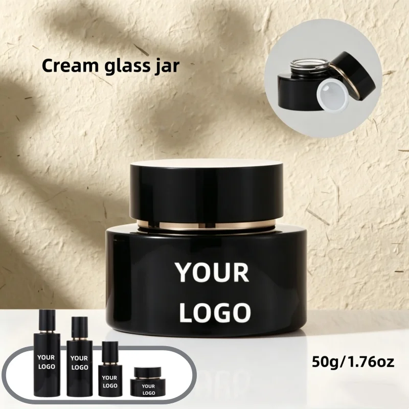 【Logo Custom】1Pcs Customized Gold Pump Head Black Glass Set 100ml Spray Lotion 50g Cream Tank Sample Customization Procurement