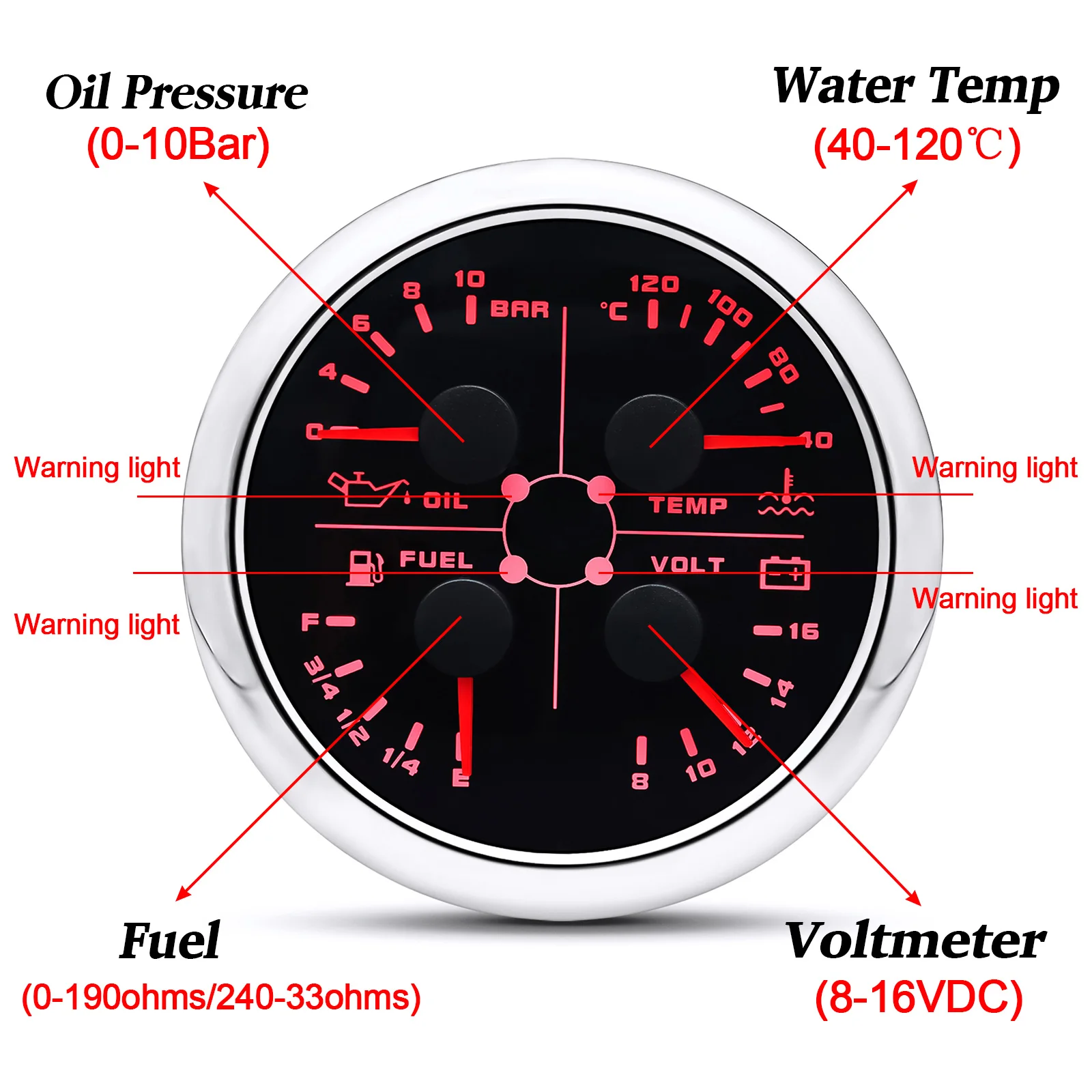 85mm 4 In 1 Meter Car Baot Water Temperature + Oil Pressure + Fuel Level + Voltage Gauge Oil Press Temp Sensor 1/8NPT With Alarm