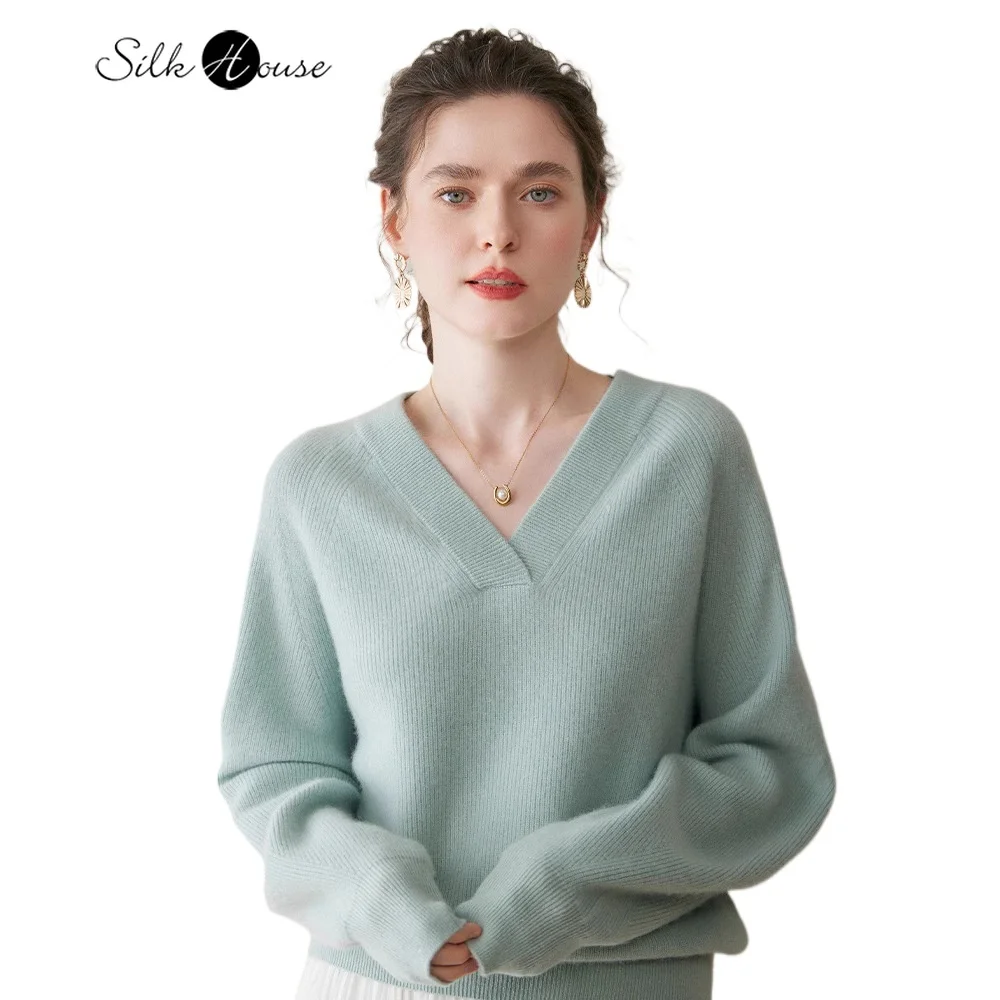 

Women's Casual Autumn New Cross V-neck 70% Wool 30% Cashmere Solid Color Loose and Simple Thick Knitted Long Sleeved Sweater