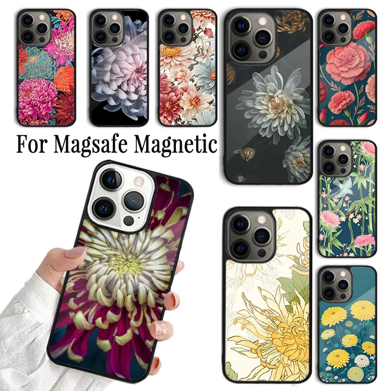 Coque Phone Case For iPhone 16 15 14 13 12 Mini 11 Pro Max Plus Magsafe Magnetic Wireless Charging Cover Chrysanthemum