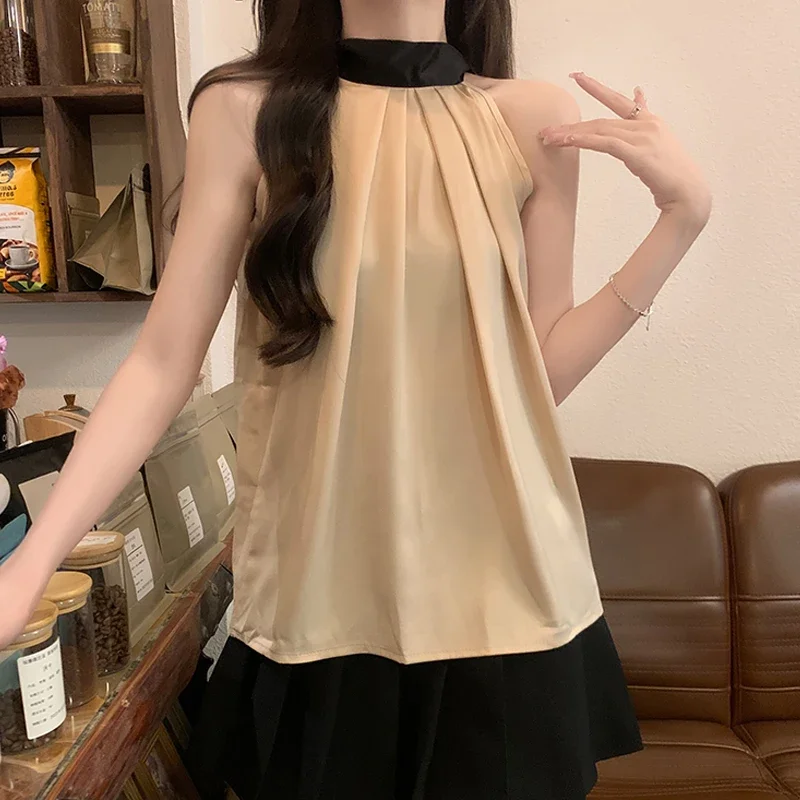 

Off Shoulder Tops French Style Sexy Sleeveless Chiffon Shirt for Women Summer Halter Collar Blouses Loose Clothes Blusas 27526