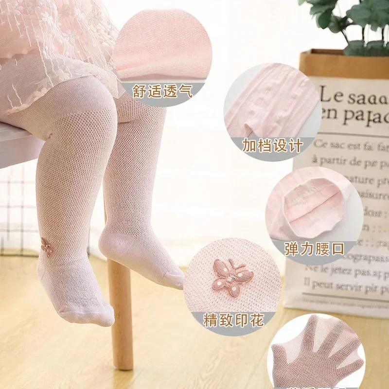 Summer Baby Mesh Thin Solid Color Bow Pantyhose Kids Girls Princess Tights Children Stockings White Pink Soft Cotton Clothes