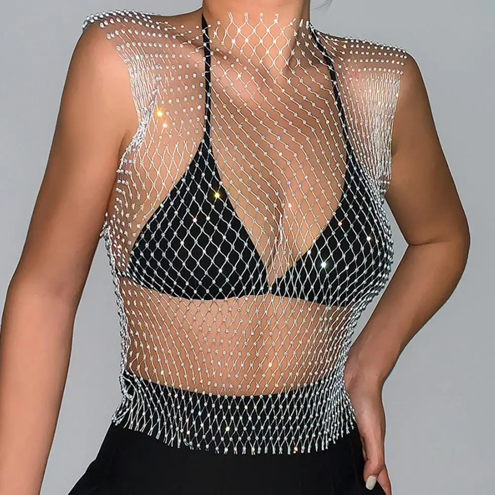 

Women Fishnet Mesh See-through shirts Sexy Cover Tops Sparkling Rhinestones Tee Harajuku Sleeveless Black/White Cover Tee Tops