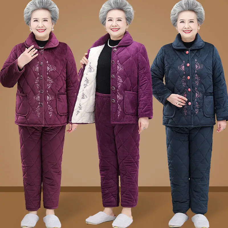 

The Elderly Winter Mother Wear Fleece Thickened Three-layer Pajamas Two-piece Set Grandma Coral Fleece Warm Loungewear Comfort