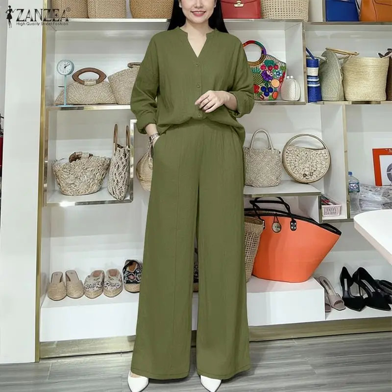 

ZANZEA Women's Casual Solid Color Pant Suits Wide Leg Pants & V-Neck Long Sleeve Shirts 2 Pieces Sets Spring Daily Loose Outfits