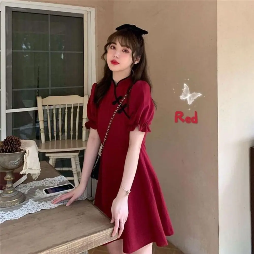 Sweet Red Cheongsam Chinese Knot Button Short Skirt Women Chi-pao Short Sleeve Stand Collar Traditional Chinese Clothing Summer