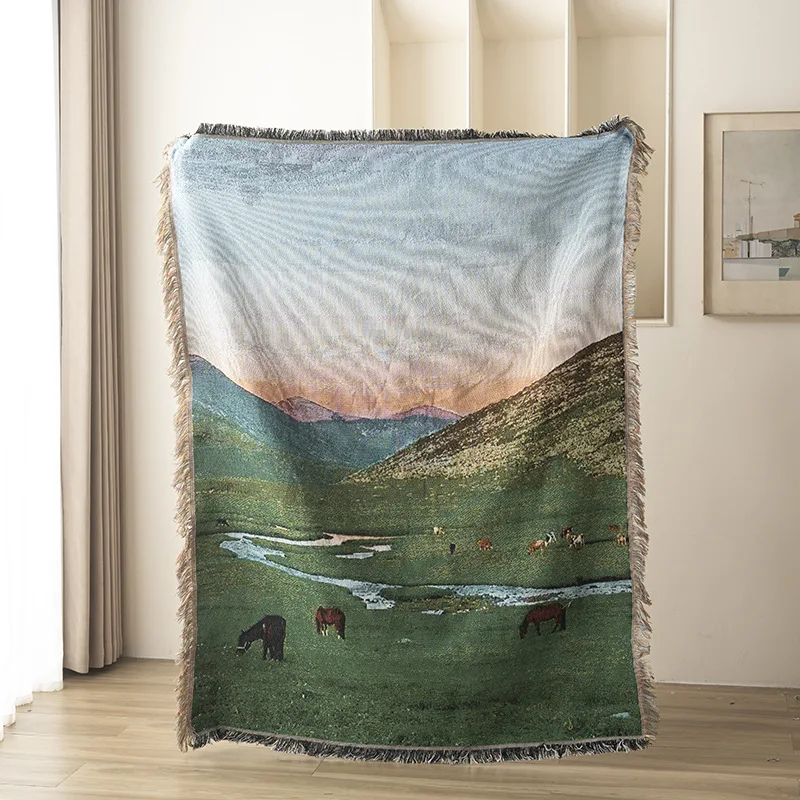 Vintage Pastoral Horse Landscape Throw Blanket Mountain Valley Sunset Woven Tapestry with Fringe Rustic Nature Inspired Decor