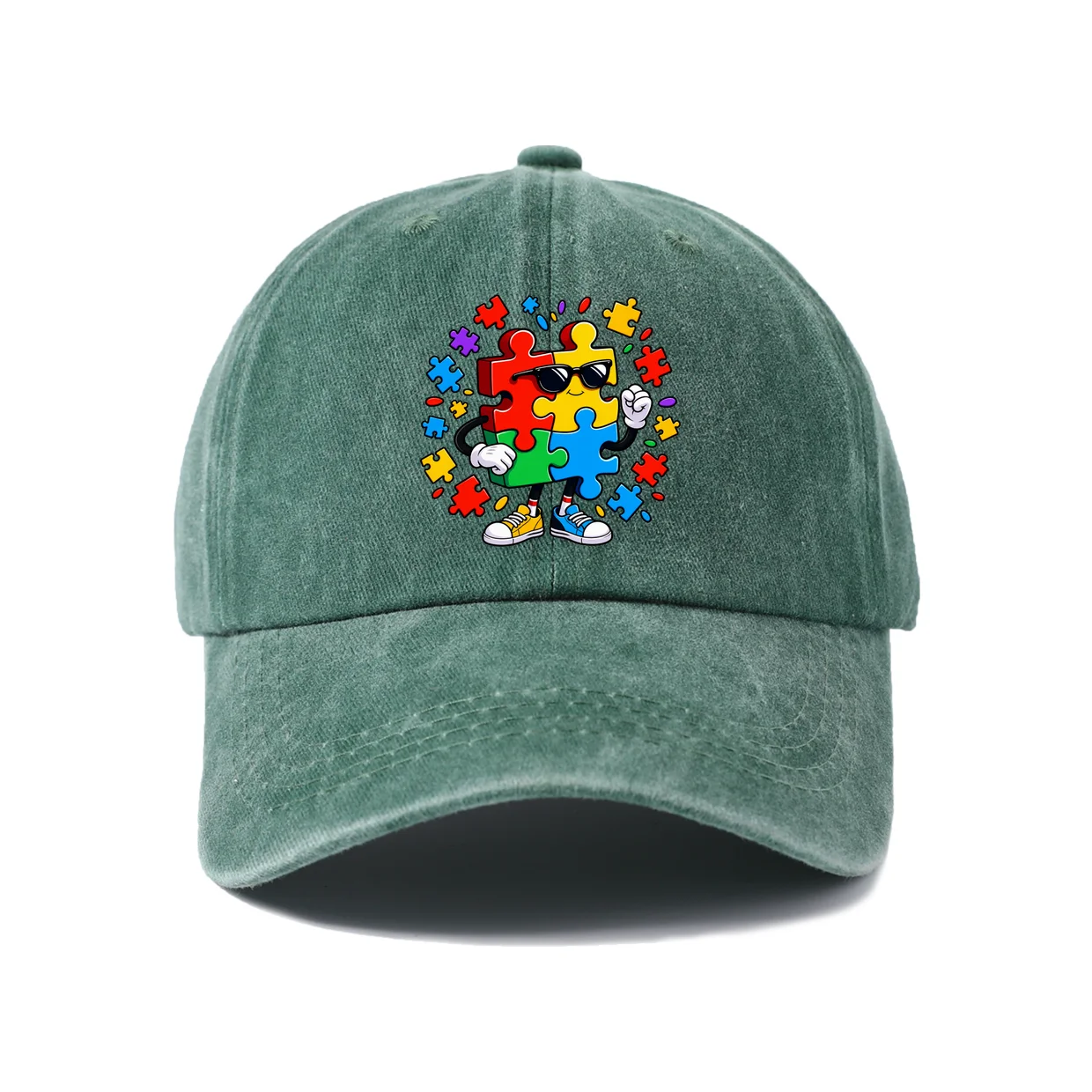 Vintage Washed Colorful Puzzle Pieces Graphic Baseball Cap, Adjustable Unisex Dad Hat, Awareness Gift