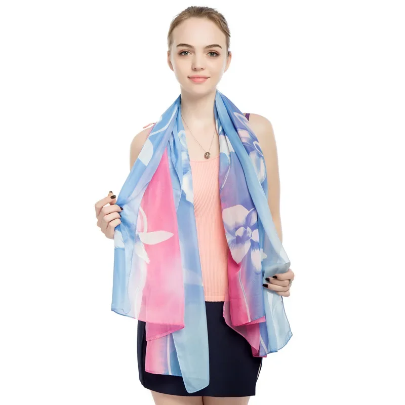 2024 New Chiffon Printed Scarf Shawl Dual Purpose Summer Women Sunscreen Shawl Nail Buckle Imitation Silk Scarf Cloak Pink