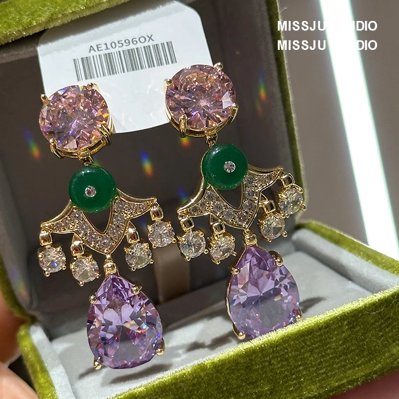 Purple Drop Earrings For Women S925 Silver Needles Crystal Vintage Jewelry Shine Cubic Zircon Elegant Party Accessories Ear Stud