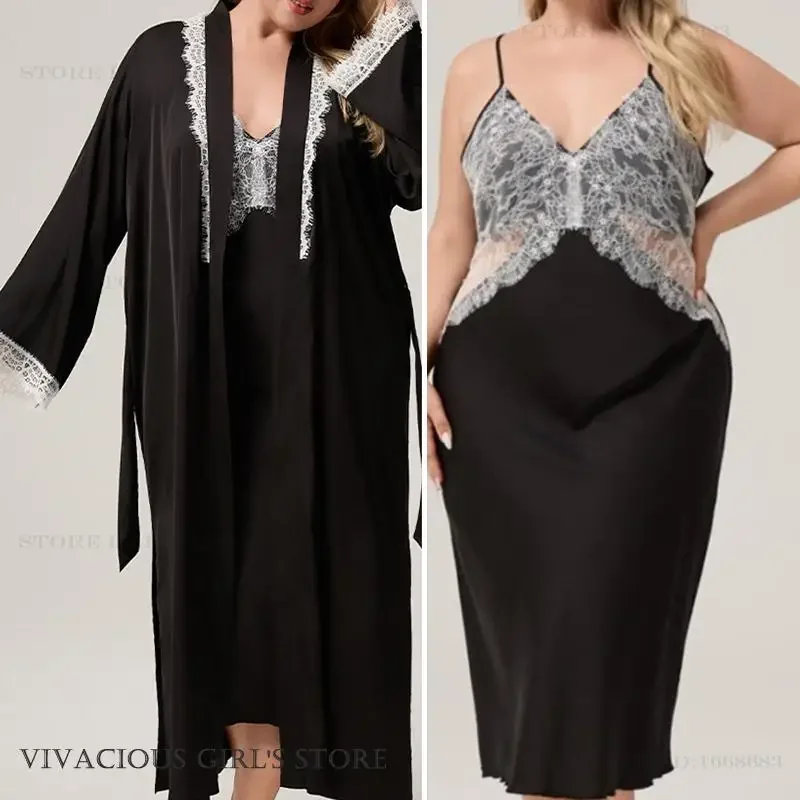 

Сексуальная кружевная ночная рубашка на подтяжках размера плюс 3XL 4Xl 5Xl нижнее белье свободная вискоза пижамы женский длинный халат кимоно халат домашняя одежда