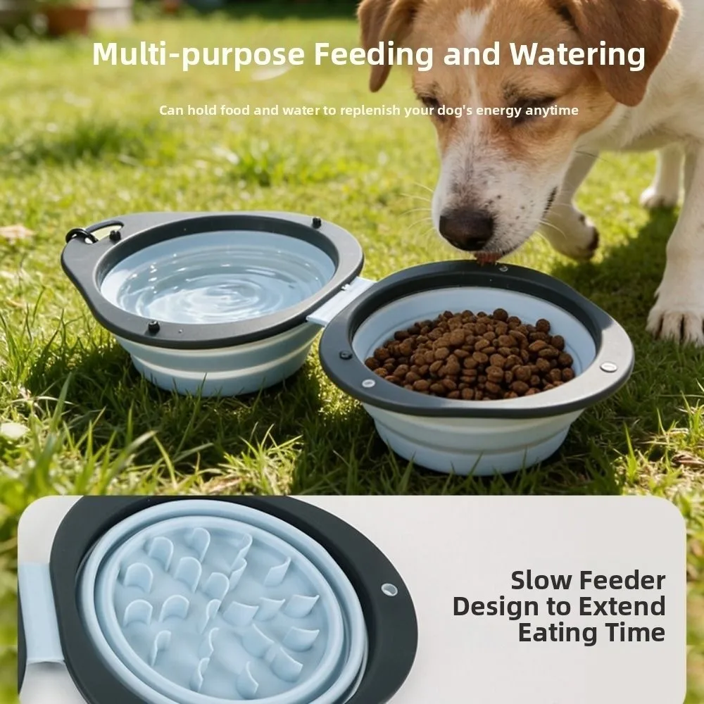 

Portable Pet Folding Bowl Double Bowl Food Grade Pet Food Water Feeding Tray with Carabiner Non-slip Collapsible Dog Dish