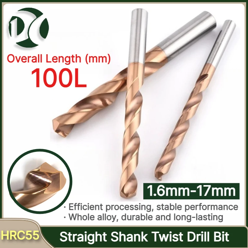 HRC55 100L Straight Shank Twist Drill Bit Set D1.6-17mm for CNC Steel/Iron Hole Drilling, High Precision Durable Coated