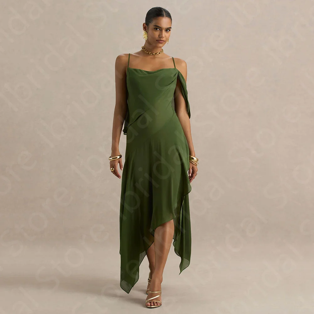 

Customized New Arrival Olive Green Prom Gowns Asymmetrical Prom Party Dresses Off Shoulder Wedding Guest Gowns Back Out