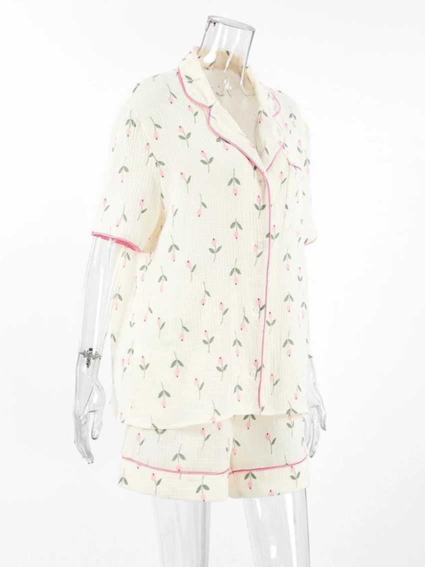 Marthaqiqi Cotton Ladies Pajamas 2 Piece Suit Short Sleeve Sleepwear Turn-Down Collar Nightie Shorts Casual Female Nightgown Set