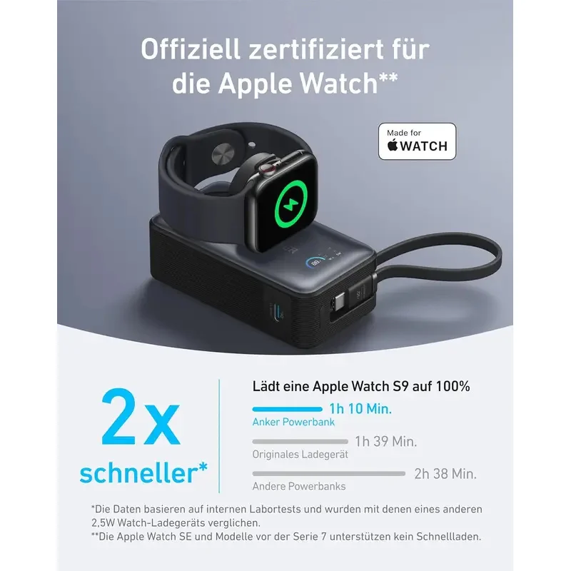 Anker MagGo Power Bank for Apple Watch, Officially Certified 10,000mAh Compact Battery Pack with Built-in USB-C Cable, 35W Max
