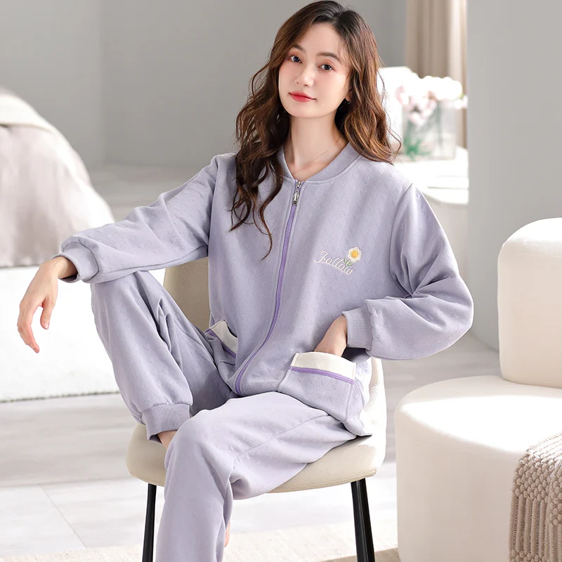 Women Winter Quilted Pajamas With Zipper Cotton Thick Warm Ladies Sleepwear Long Sleeve Autumn Pyjamas Women M-5XL Pijamas Mujer