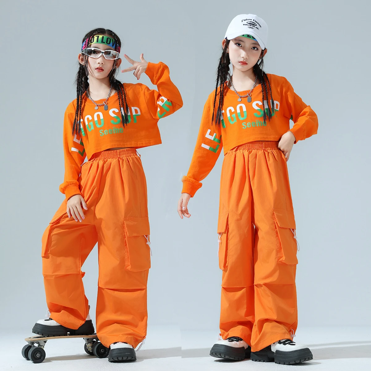

Girl Clothing Orange Suit Hip Hop Jazz Dance Costumes Long Sleeve Top Cargo Pants Practice Street Dance Wear Clothes DQL10611