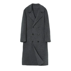 Men's Long Double Breasted Korean Style Suit Loose Reversible Woolen Trench Coat 100% Pure Wool for Autumn And Winter