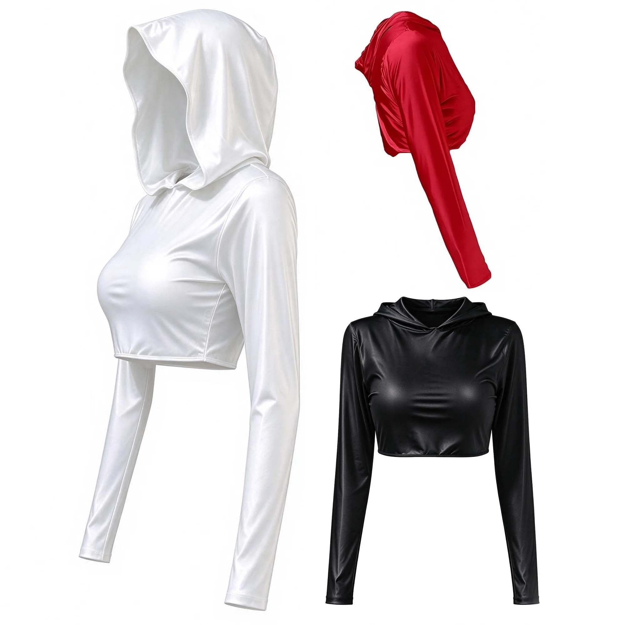 XClocKNYoung Satin Glossy Long Sleeve Hooded Swim Top Smooth Shiny Cropped Swimwear Top For Beach Swimming Surfing Pool Bathing