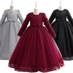 Young Girl Long Sleeve Flower Black Formal Dress for 3-12Years Children's Clothing Bridesmaid Ceremonial Elegant Party Dresses