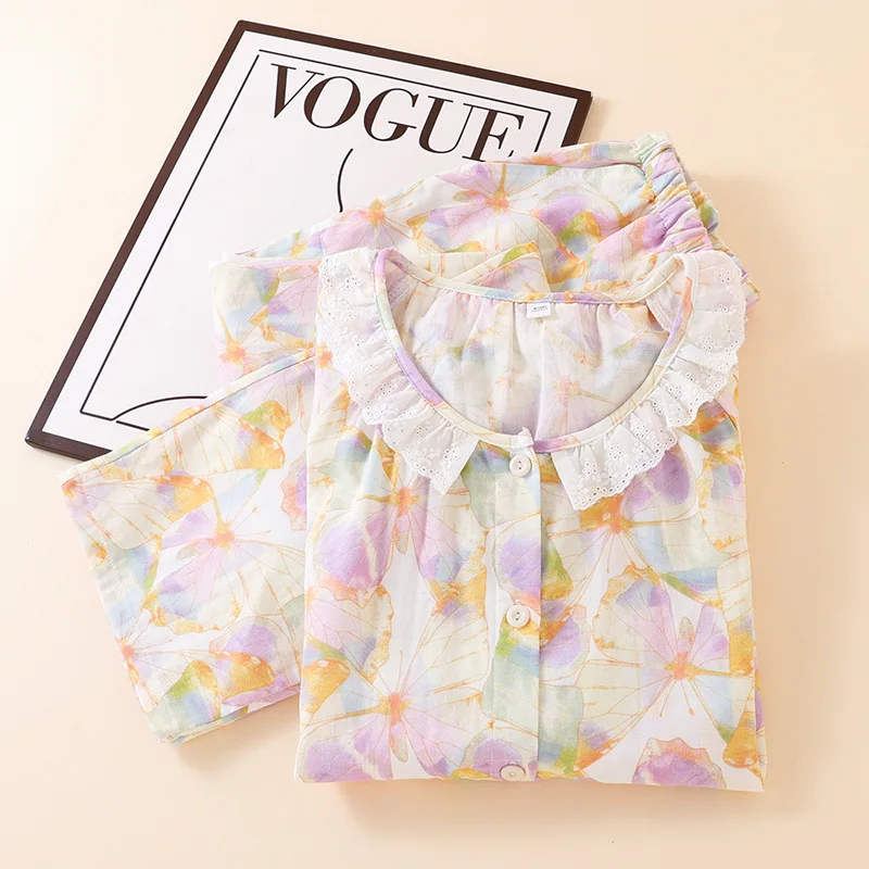 2pcs Women's Pajama Set Sweet Girly Colorful Butterfly Print Style 100% Cotton Gauze Lace Trim Collar Open Front Short Sleeve St