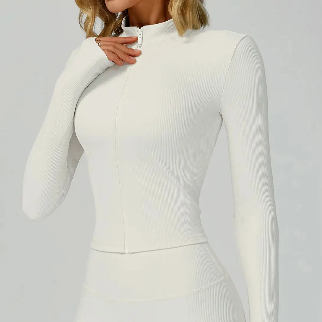Outdoor Ribbed Sports Long Sleeved Women Slim Yoga Quick Dry Zipper Cardigan Stand Up Collar Jacket Running Fitness Jacket Tops
