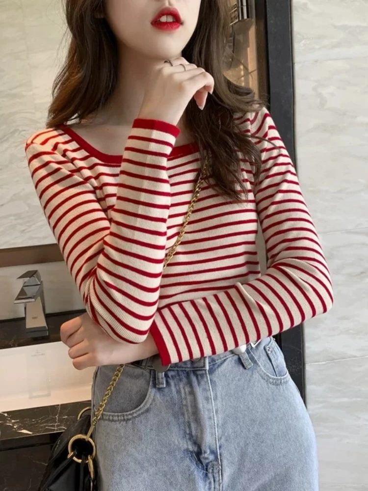 zjaiss Stylish Square Neck Versatile Tee 2026 Autumn Winter New Striped Long Sleeve Women T-shirt Elegant Layering Base Top