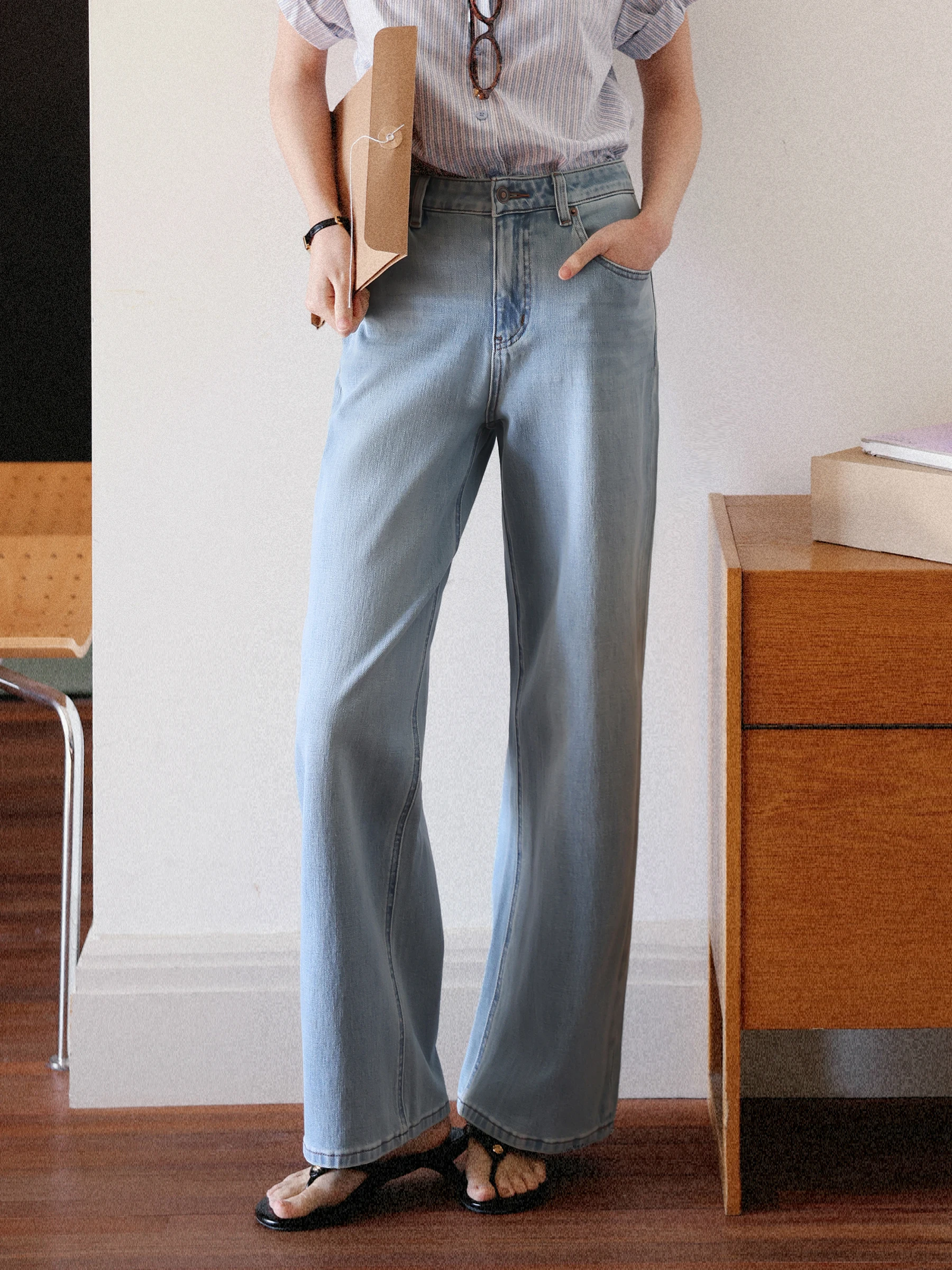 

Munns Ruxi High Waist Wide Leg Jeans Cotton Blend High Stretch Light Blue Casual Pants Spring Season Ladies Straight Cut