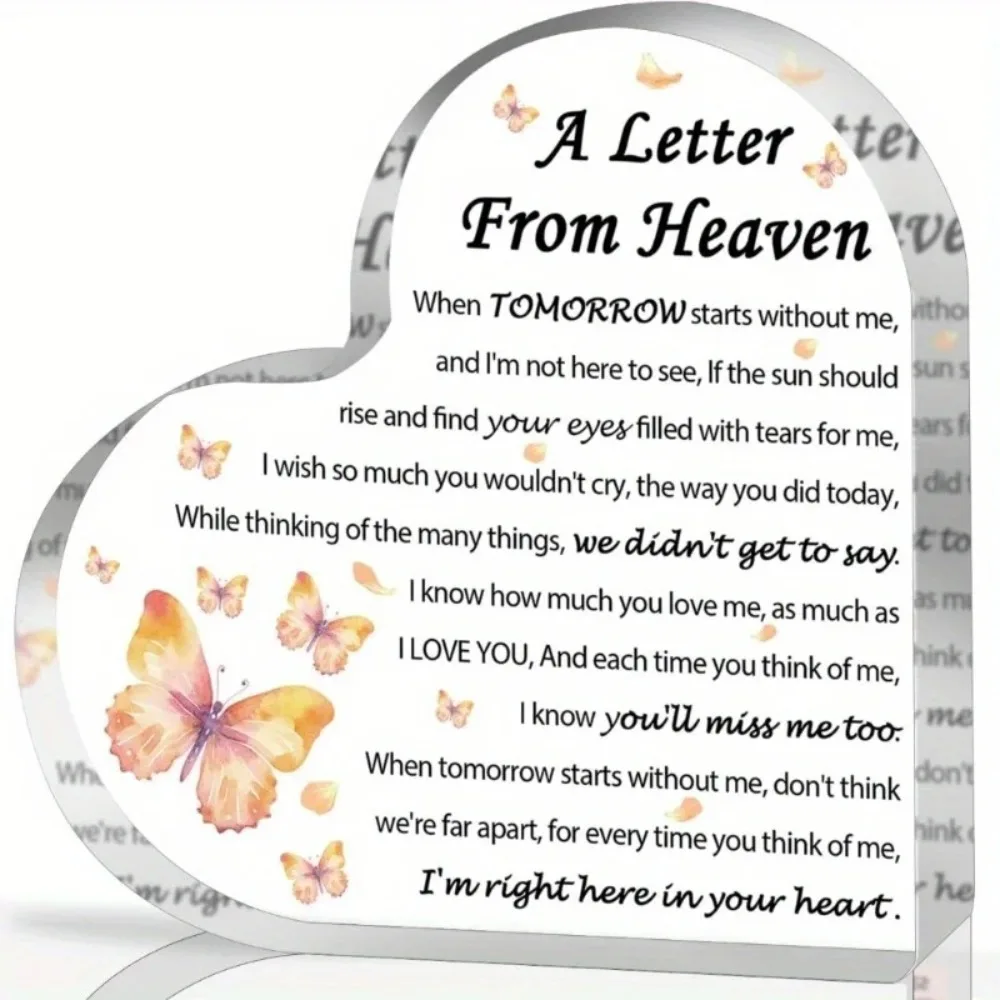 CIFBUY Acrylic Heart Memorial Keepsake Butterfly Poem Design Sympathy Gift for Loss of Mother Father Husband  Heaven's Letter