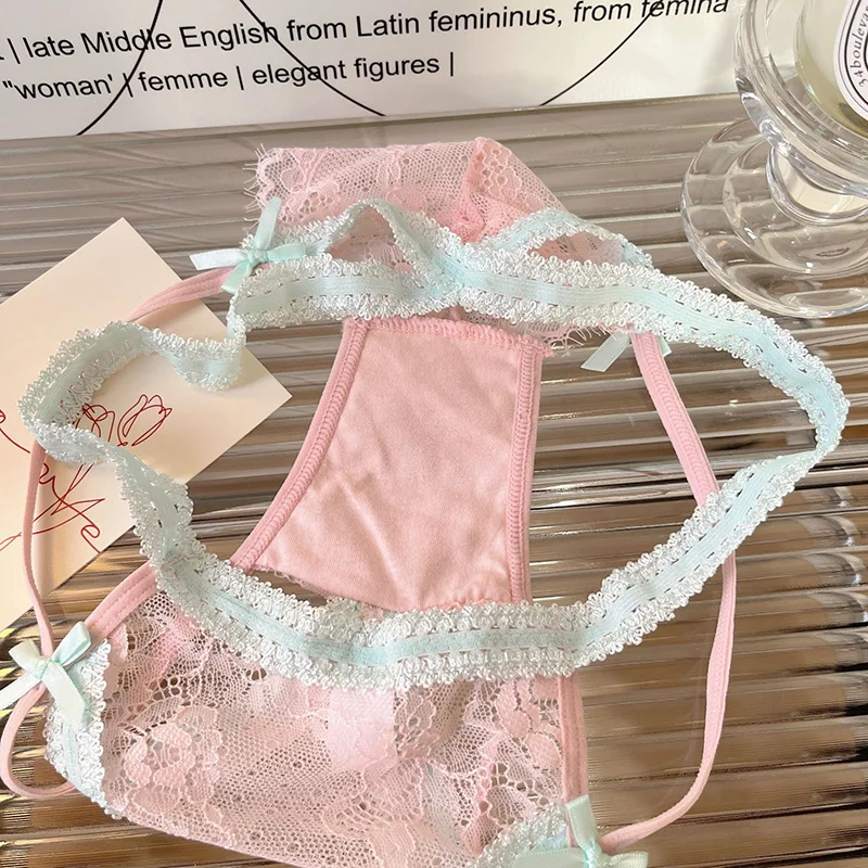 Cross Bandage Lace Embroidery Sexy Women's Underwear Low Waist Transparent Bow Panties Cotton Crotch Soft Thin Briefs Lingerie - view 5
